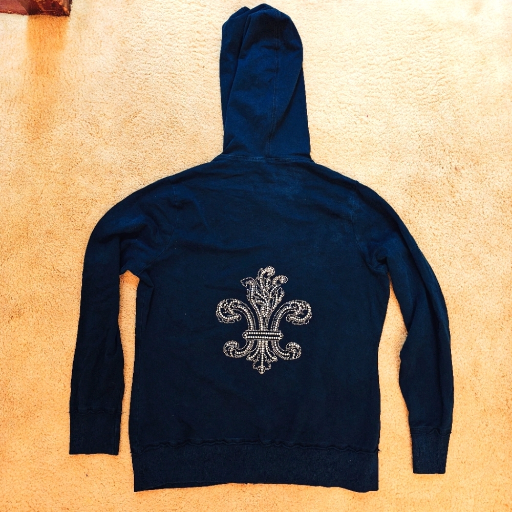 Y2K IDI by Mathew Navy Blue Zip Up Hoodie w Rhinestone Fleur de Lis Design